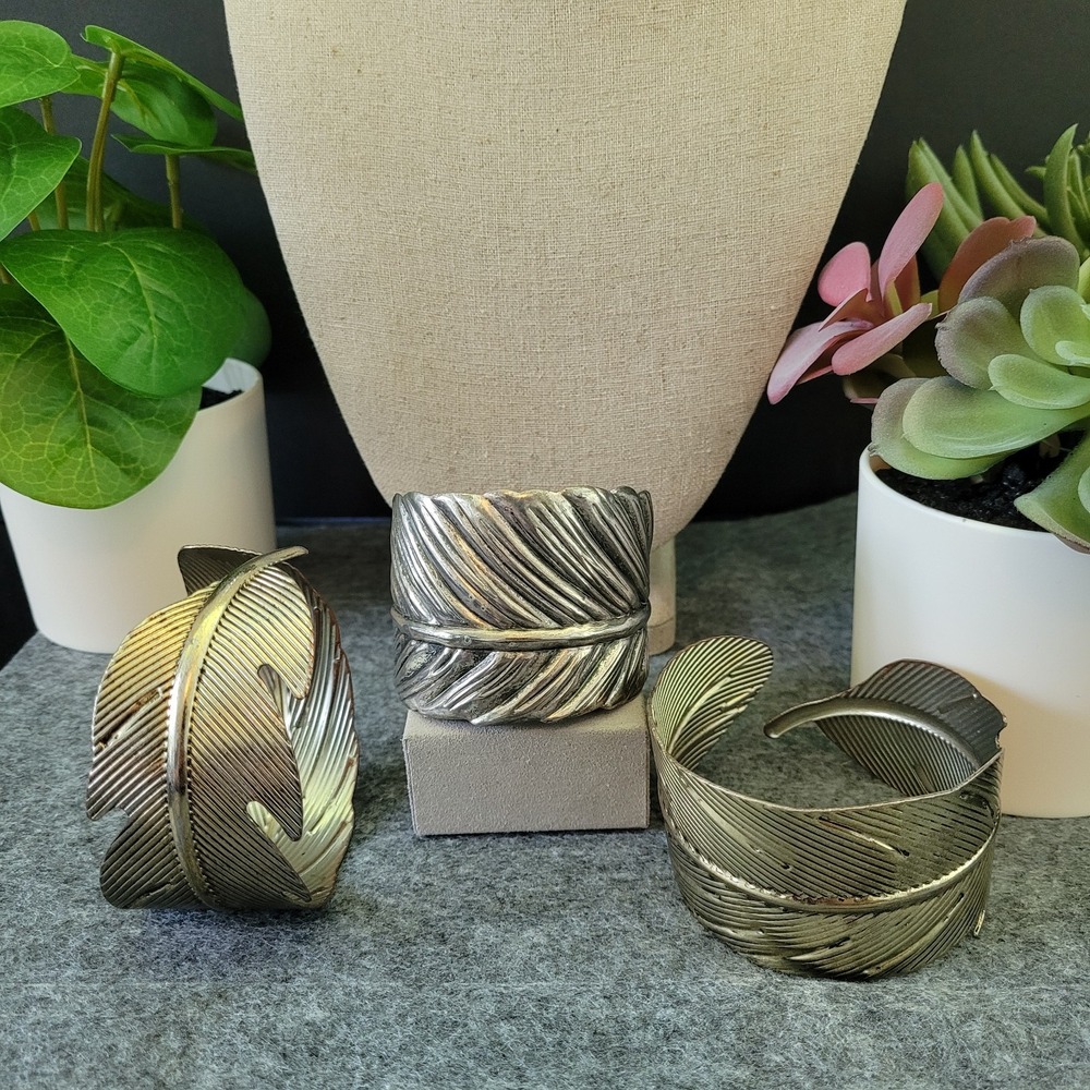 Leaf Feather Wrap Cuff Bracelet Lot 3 Sculptural Botanical Statement 7 8